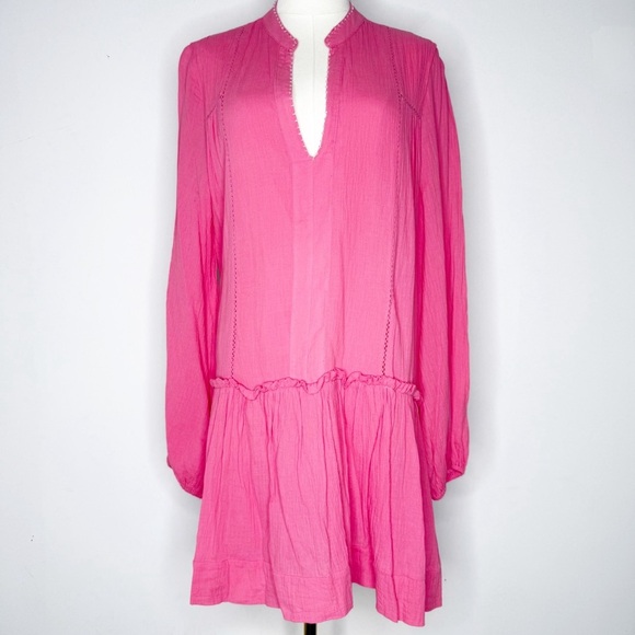 Pomander Place Ophelia Gauzy Beaded Long Sleeve Coverup Mini Dress Pink Large - Picture 1 of 10